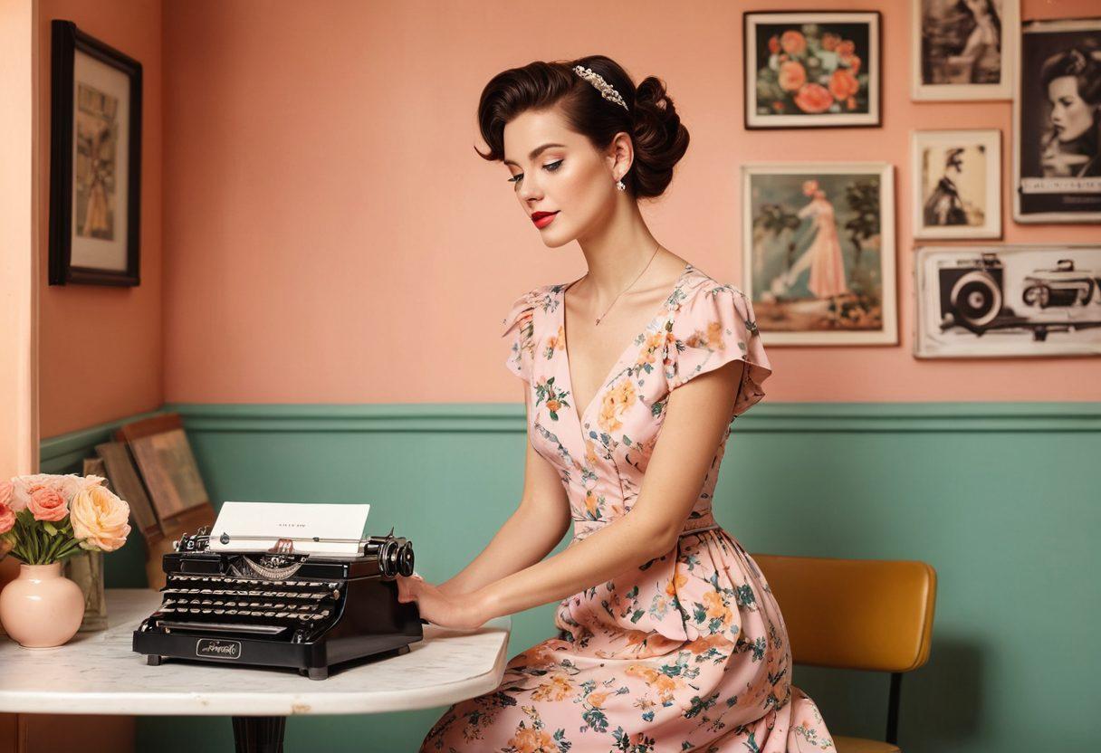 A modern woman radiating confidence in a chic retro dress, surrounded by vintage elements like an old typewriter and vinyl records. She stands in a stylish café with pastel-colored walls, exuding feminine charm and elegance. The soft glow of warm light enhances the nostalgic ambiance, emphasizing her unique style and grace. Incorporate subtle floral patterns in the background to symbolize timeless beauty. super-realistic. vibrant colors. retro aesthetic.