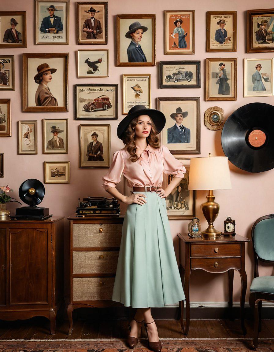 A stylish woman showcasing a chic vintage outfit, standing in a retro-inspired room filled with antique furniture and decor. She accentuates her look with a wide-brimmed hat and bold accessories, surrounded by elegant vintage posters and a gramophone. The color palette features soft pastels and rich wood tones, evoking a nostalgic ambiance. Elegant typography integrating the blog title overlays the composition. super-realistic. vibrant colors. soft lighting.