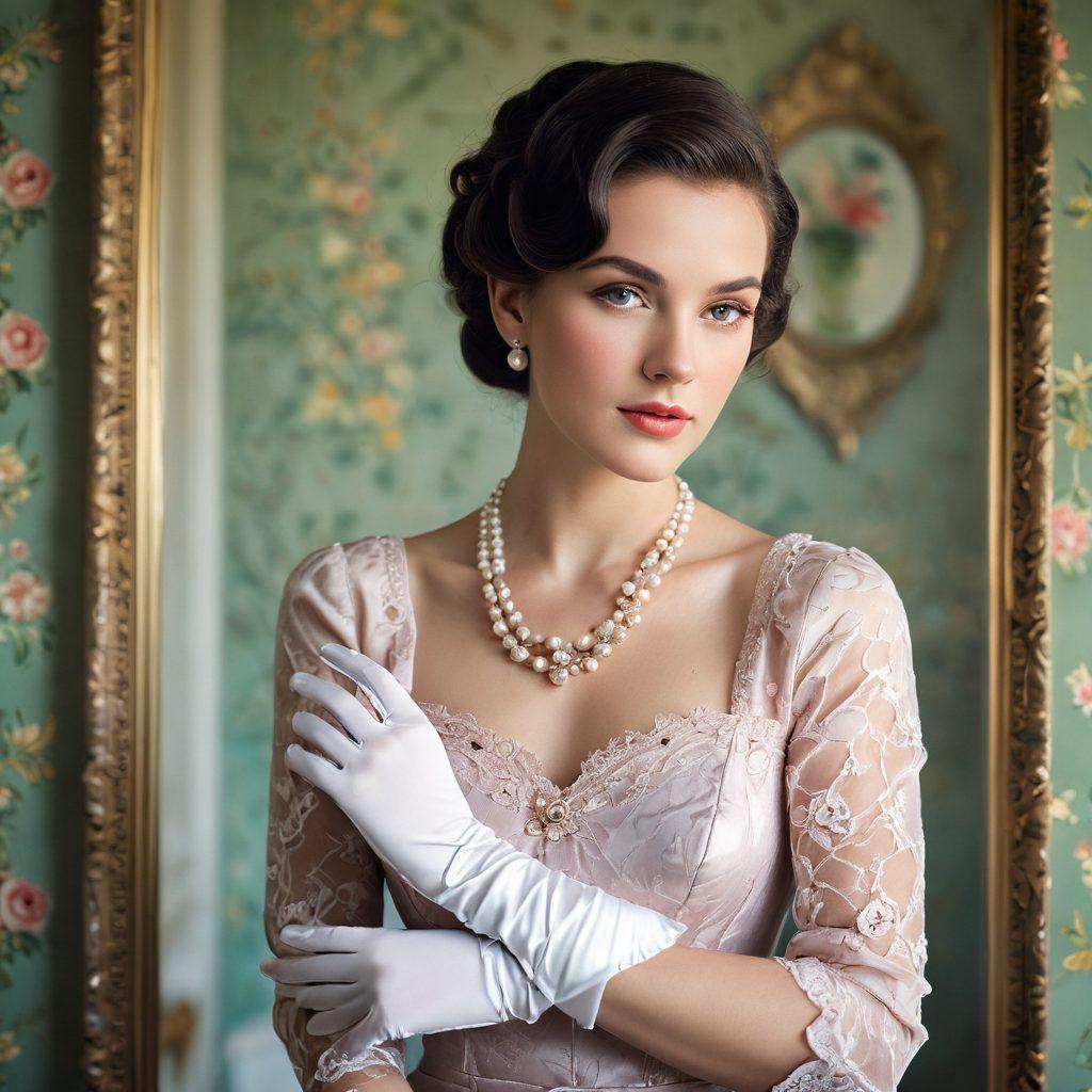 A sophisticated lady dressed in elegant vintage fashion, surrounded by classic elements like a vintage mirror, lace gloves, and a pearl necklace. The background features soft, muted pastel colors and subtle floral patterns to evoke nostalgia. The lady's pose exudes confidence and timeless grace, capturing the allure of vintage styles. The atmosphere feels warm and inviting, reminiscent of a bygone era. super-realistic. soft pastels. elegant floral patterns.